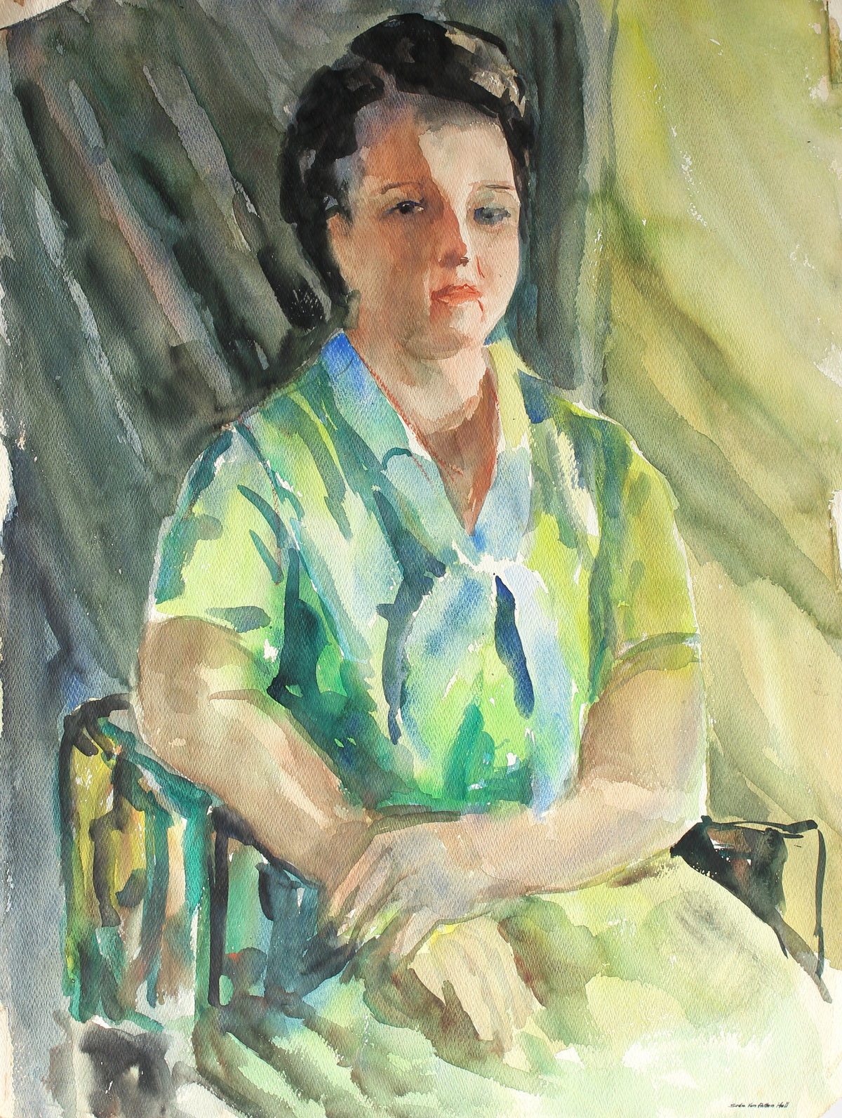 Green Portrait of a Woman&lt;br&gt;Mid Century Watercolor&lt;br&gt;&lt;br&gt;#88063