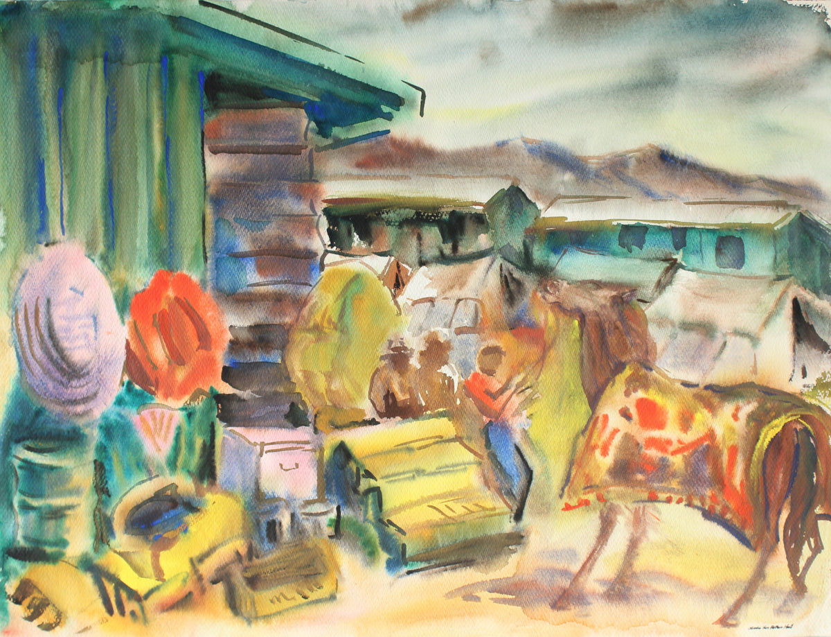 Bright Horse Barn Scene&lt;br&gt;Mid Century Watercolor&lt;br&gt;&lt;br&gt;#88067