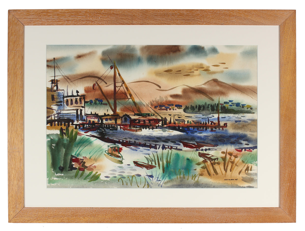 Colorful Harbor Scene &lt;br&gt;1960s Watercolor&lt;br&gt;&lt;br&gt;#71965