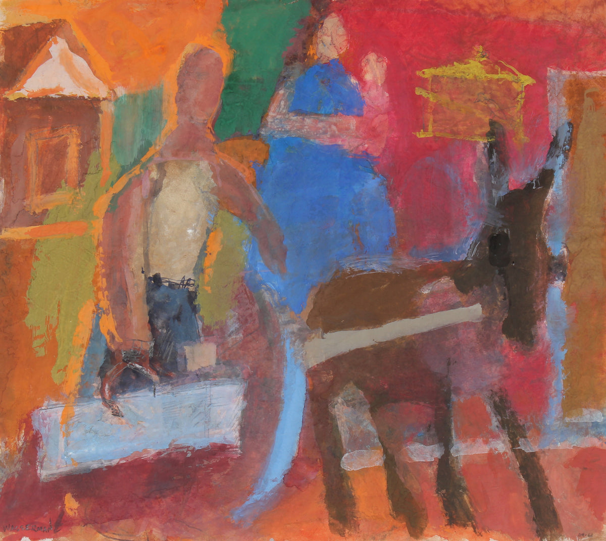 Abstract Horse and Carriage Scene &lt;br&gt;Mid-Late 20th Century Gouache and Graphite &lt;br&gt;&lt;br&gt;#89528