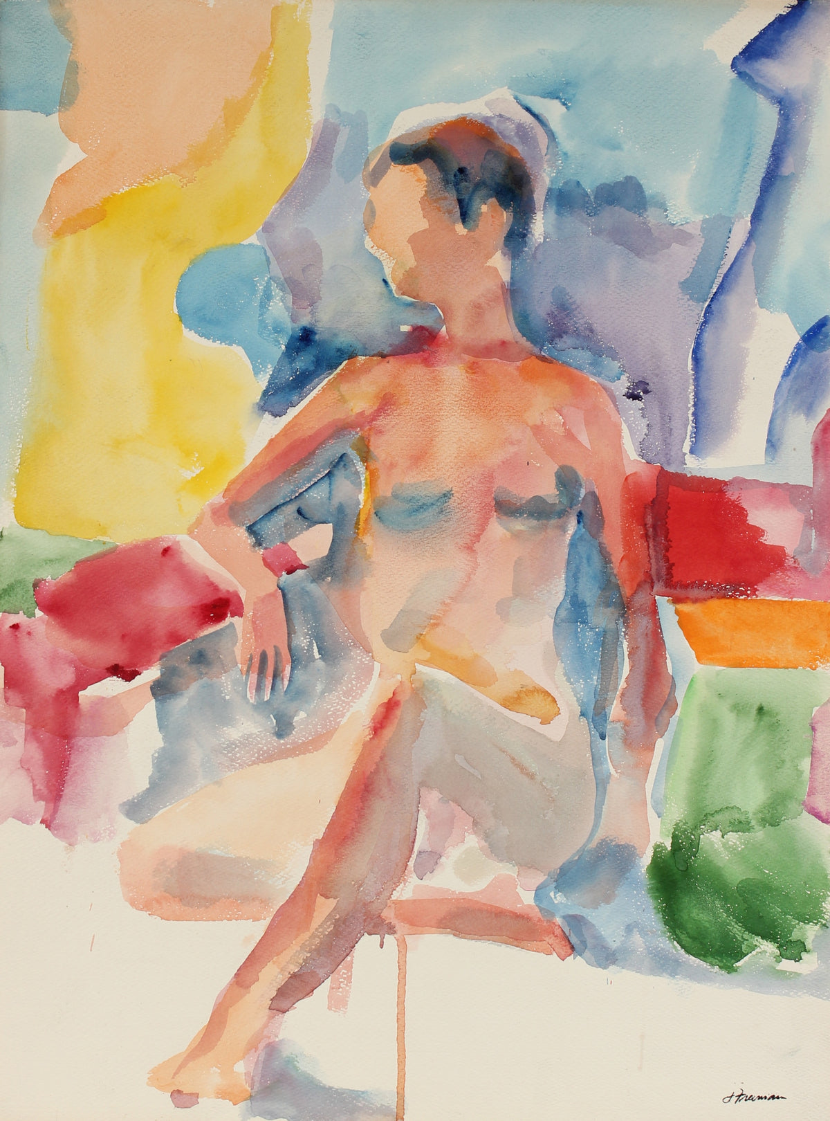 Colorful Seated Nude Figure &lt;br&gt;1960s Watercolor &lt;br&gt;&lt;br&gt;#91446