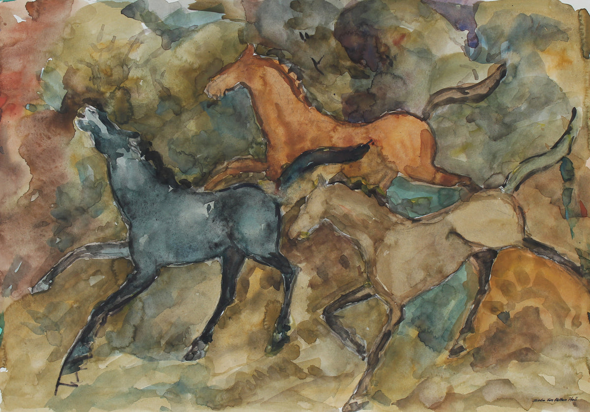 Running Horses <br>1960s Watercolor <br><br>#92583