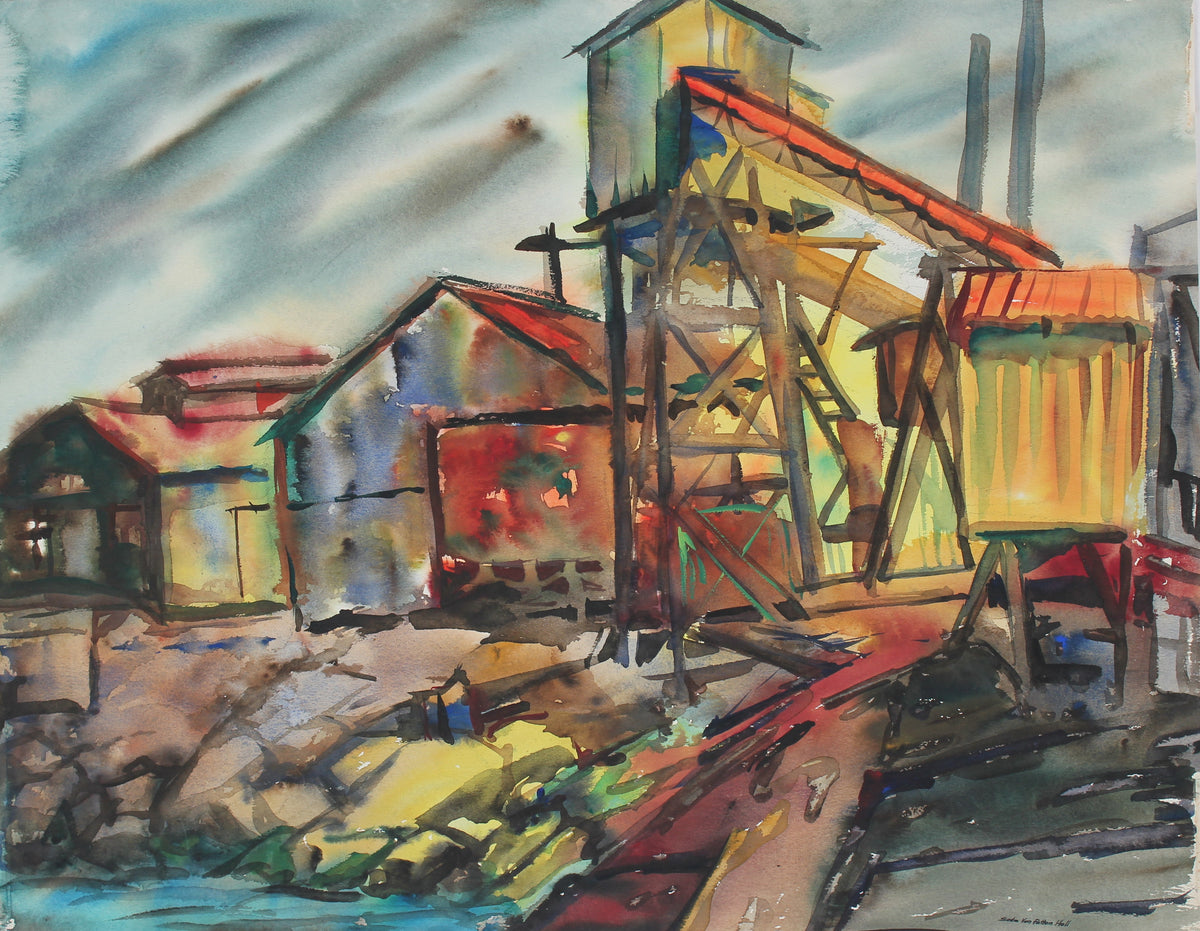 Colorful Industrial Landscape &lt;br&gt;1960s Watercolor&lt;br&gt;&lt;br&gt;#92585