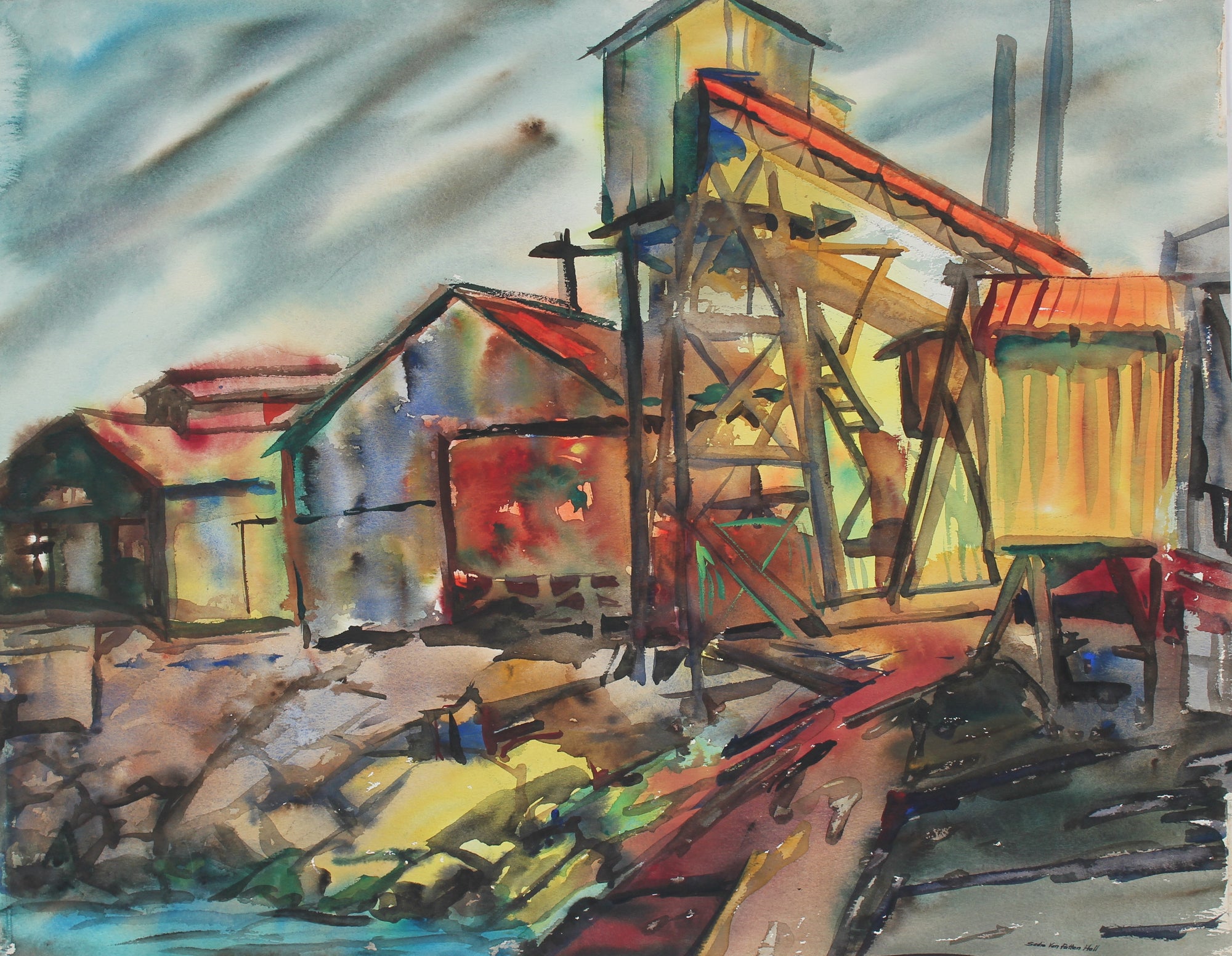 Colorful Industrial Landscape <br>1960s Watercolor<br><br>#92585