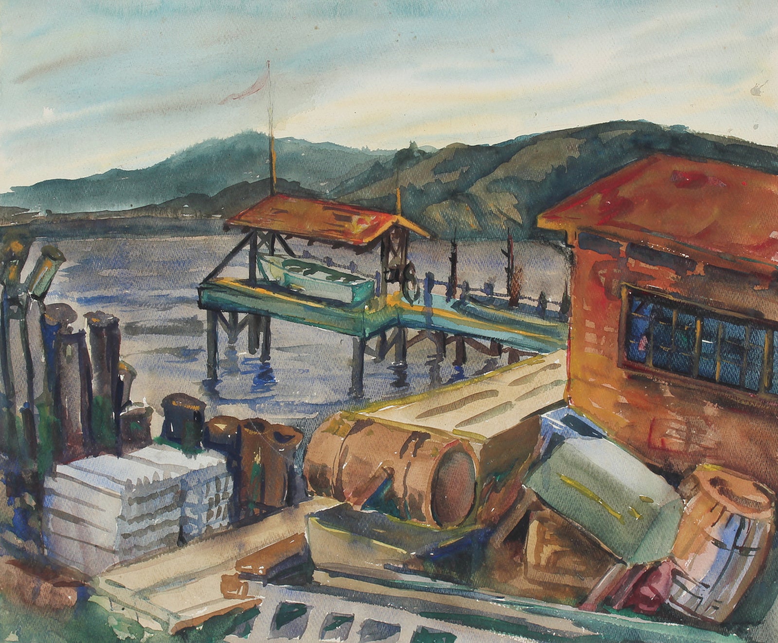 Industrial Harbor Scene <br>1960s Watercolor<br><br>#92593