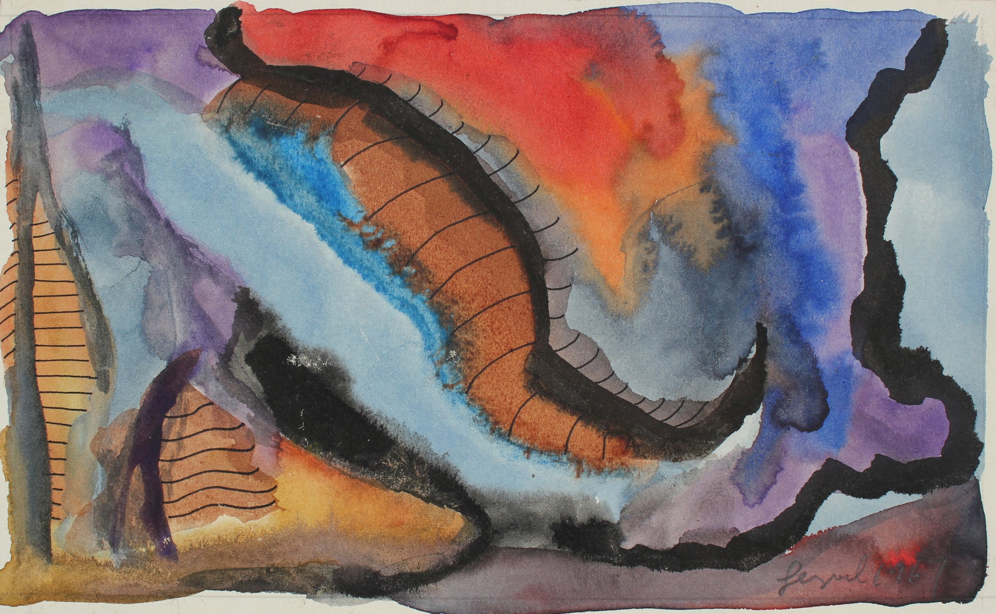 Moody Expressionist Abstract <br>1967 Ink and Watercolor <br><br>#92650