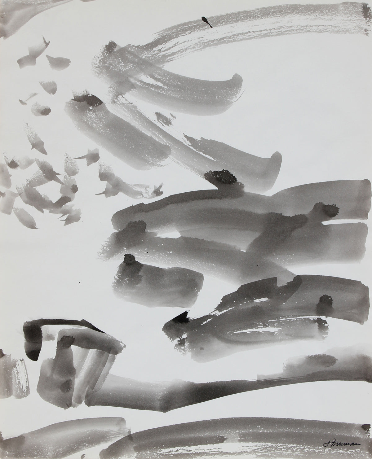 Monochromatic Modernist Abstract &lt;br&gt;1976 Ink Wash &lt;br&gt;&lt;br&gt;#94981