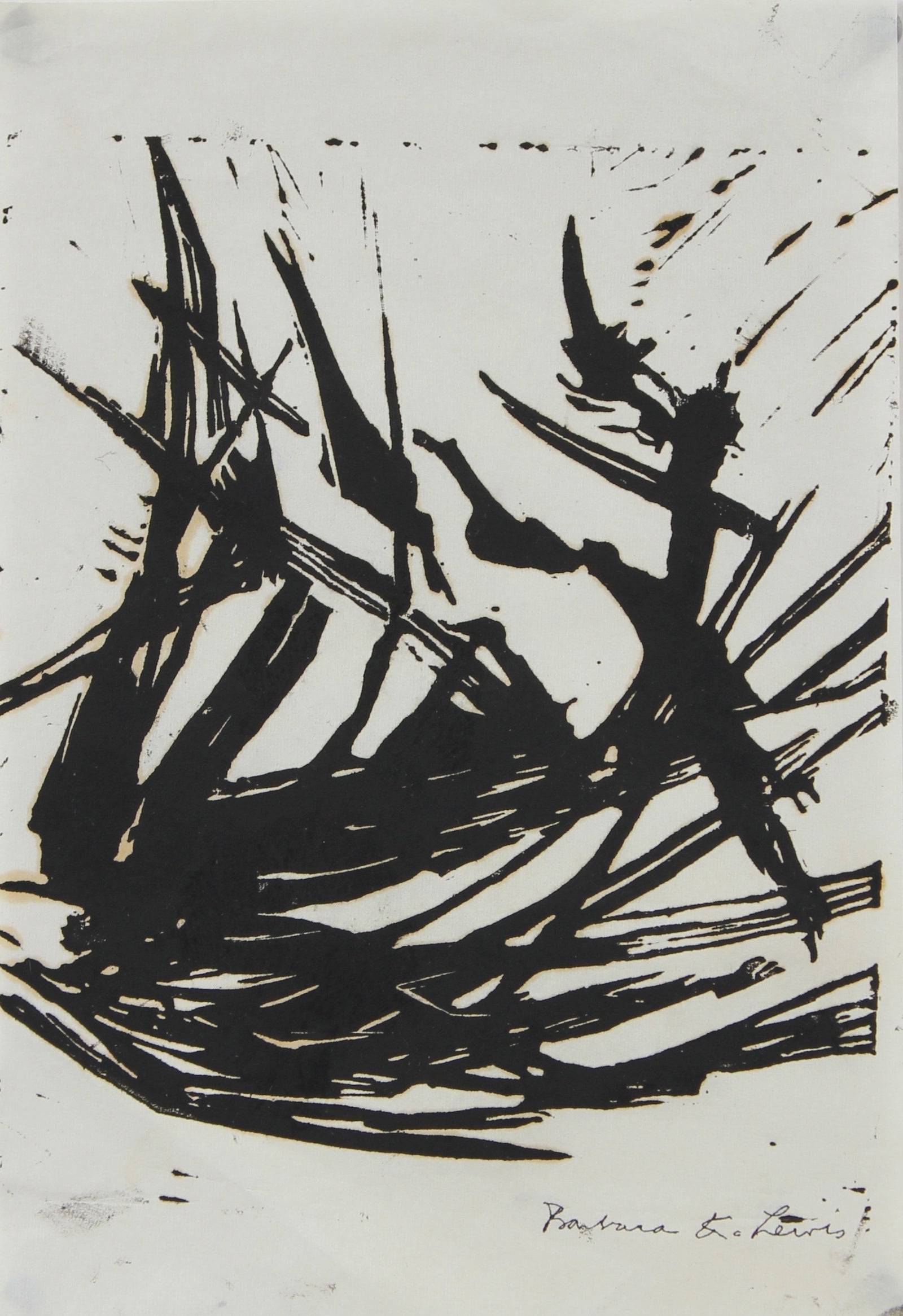 Petit Dynamic Monochromatic Abstract <br>Mod - Late 20th Century Woodblock <br><br>#96721