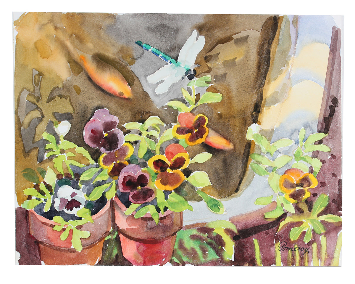 Garden with Potted Plants and Dragonfly&lt;br&gt;Mid-Late 20th Century Watercolor &lt;br&gt;&lt;br&gt;#A3589