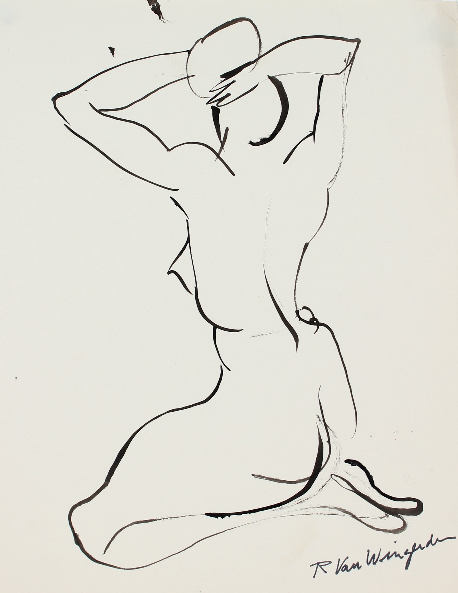 Expressionist Seated Female Nude<br>1940-60s Ink<br><br>#4450