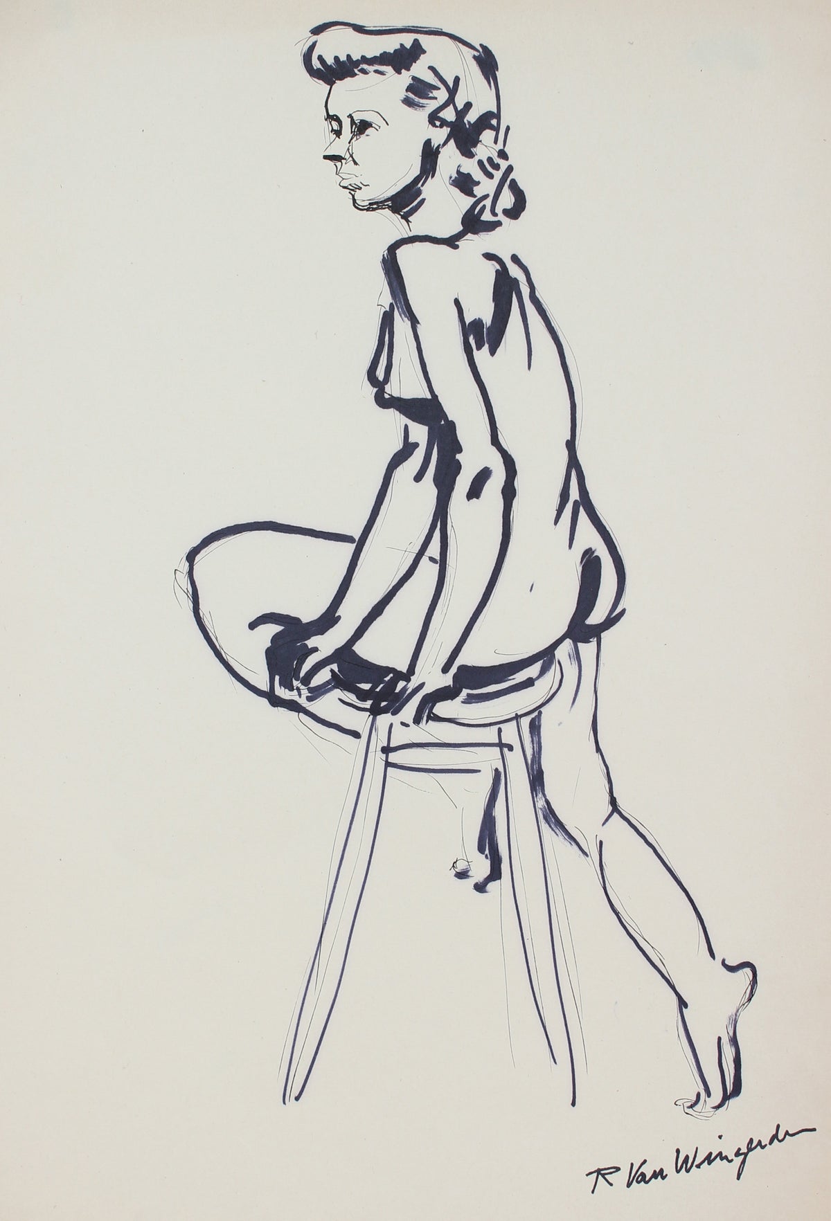 Expressionist Seated Female Nude&lt;br&gt;1940-60s Ink&lt;br&gt;&lt;br&gt;#4488