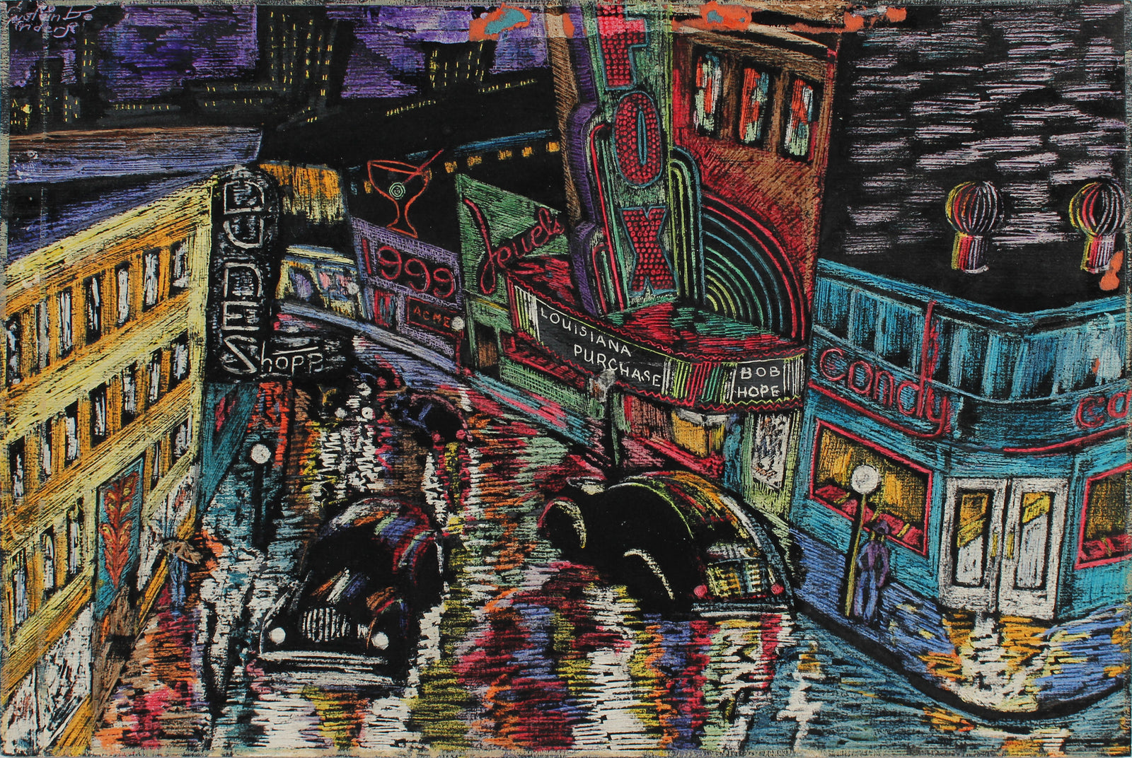 The City at Night <br>Early 1940s Ink & Crayon <br><br>#A5326