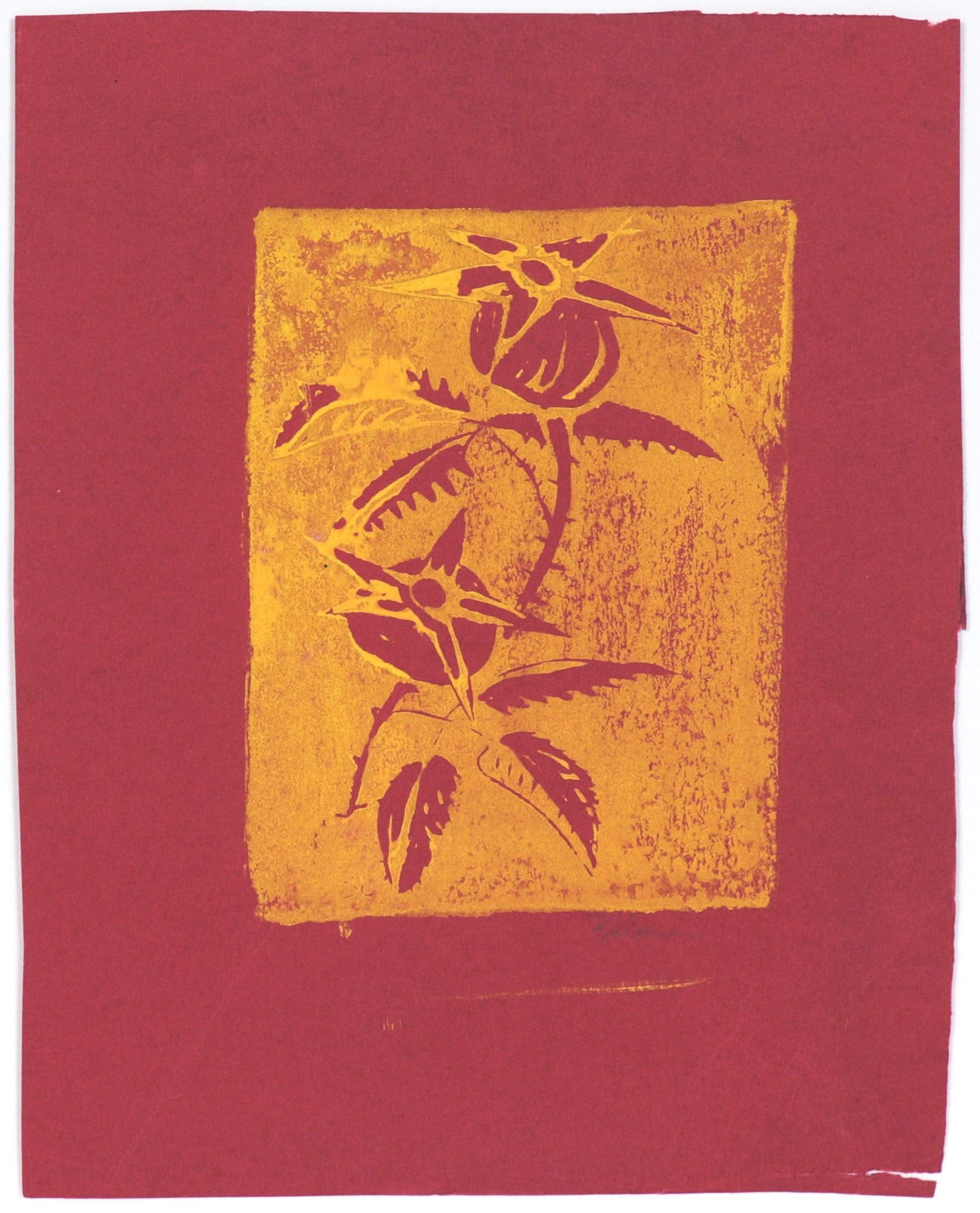 Red & Yellow Floral Study<br>20th Century Linoleum Block Print<br><br>#C4428