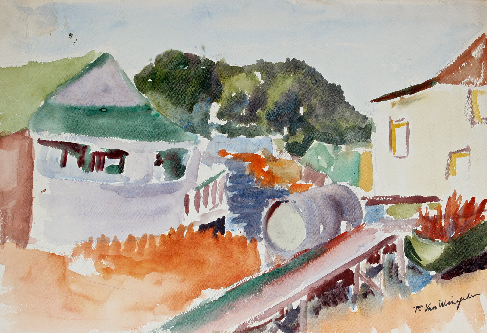 Expressionist California Landscape <br>Mid Century Watercolor <br><br>#5118