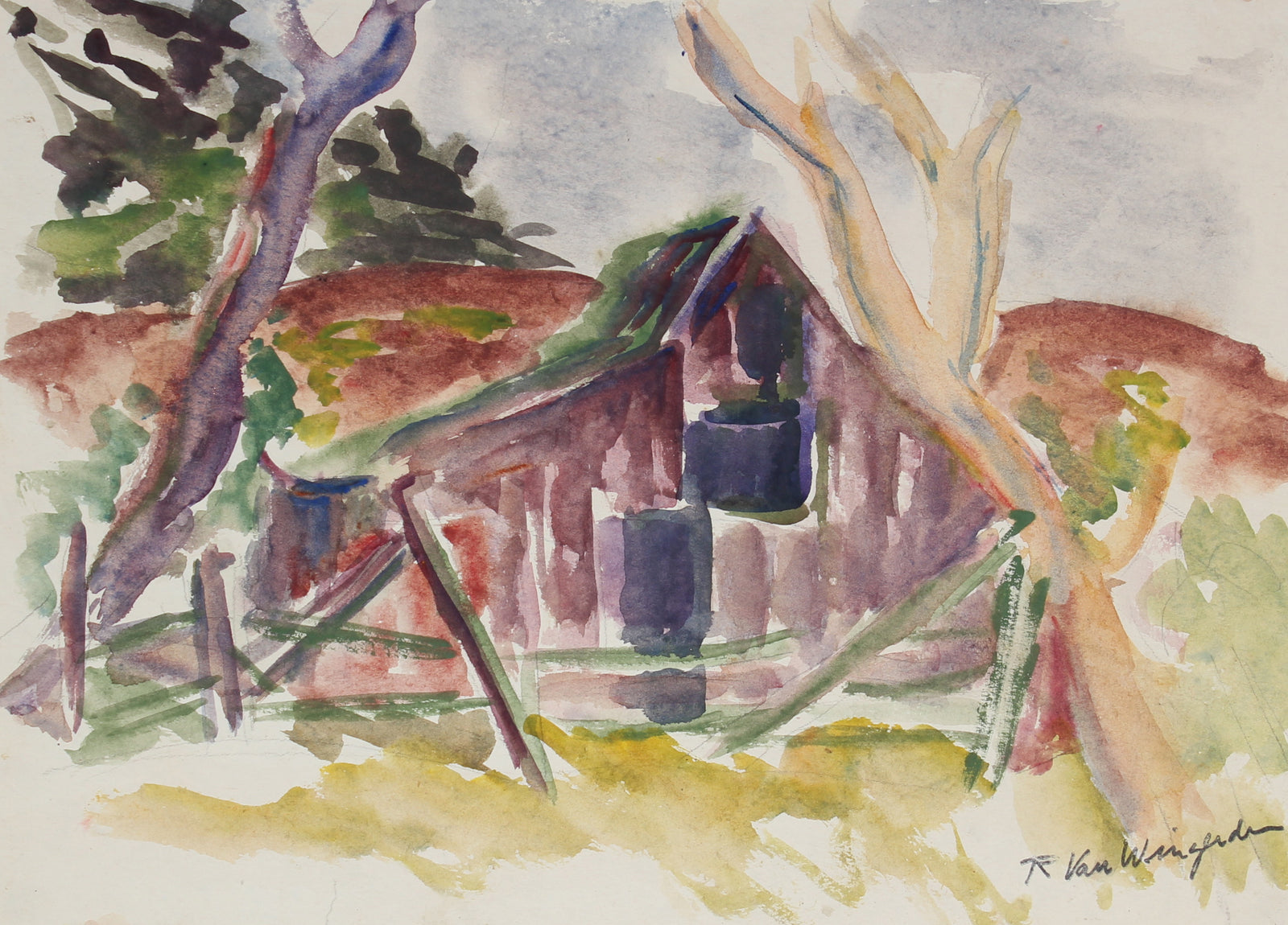 Abstract Expressionist Sausalito Scene <br>Mid Century Watercolor <br><br>#5067