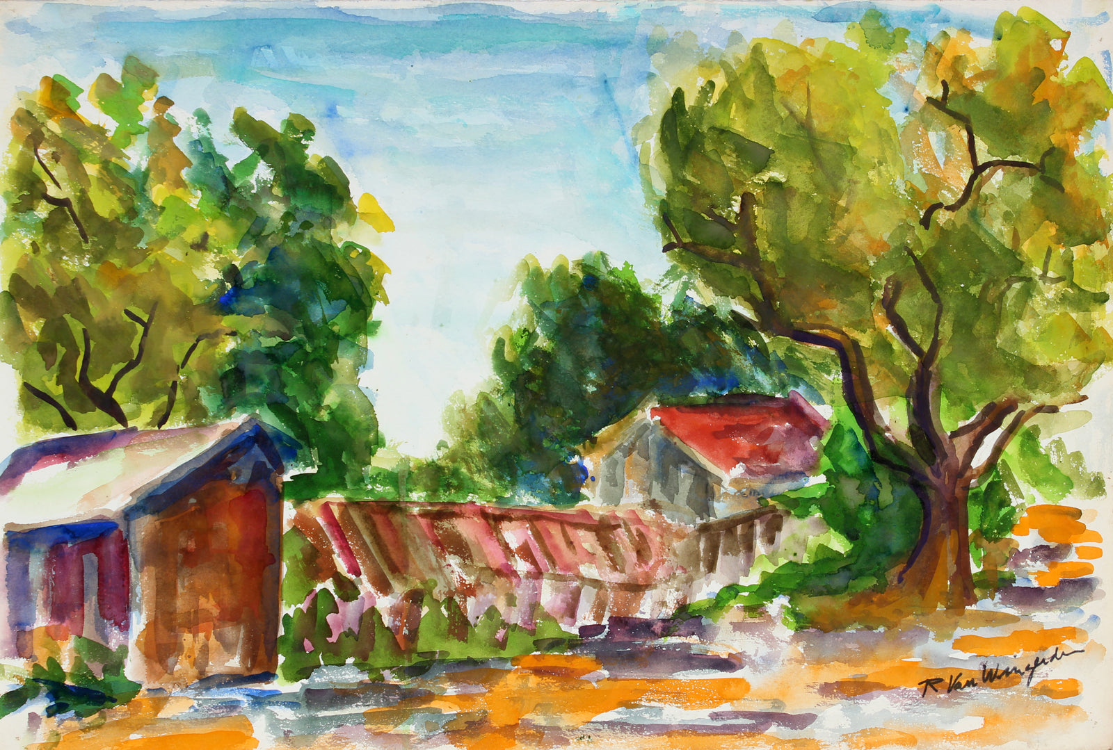 Colorful Expressionist Landscape <br>Mid Century Watercolor <br><br>#5077
