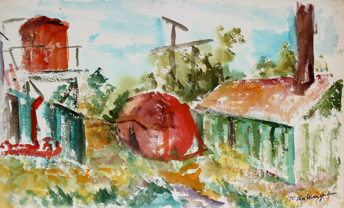 Expressionist Landscape with Water Tower <br>Mid Century Watercolor <br><br>#5103