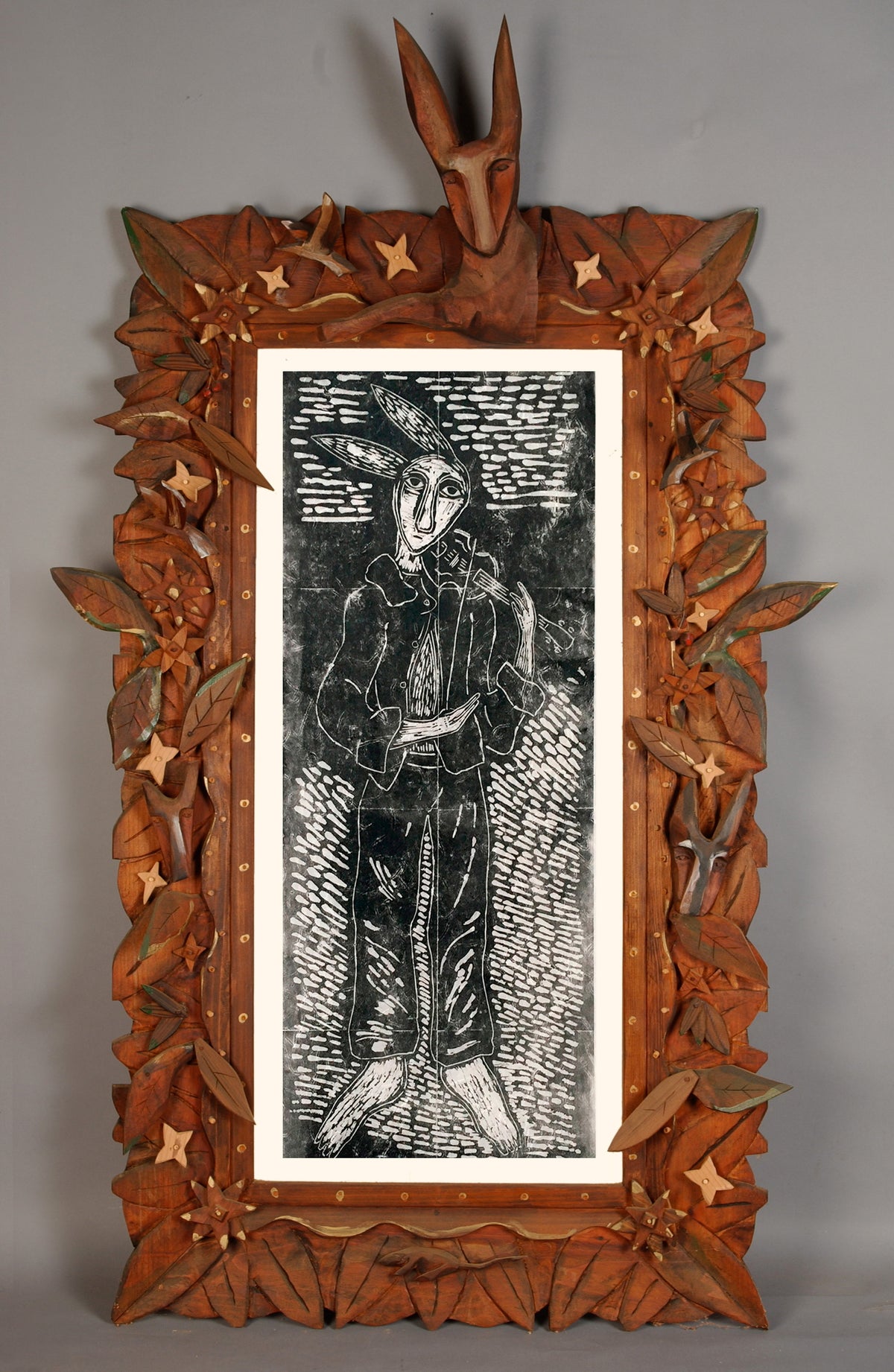 Rabbit Frame &lt;br&gt;2009 Linoleum Block Print in Hand Carved Frame