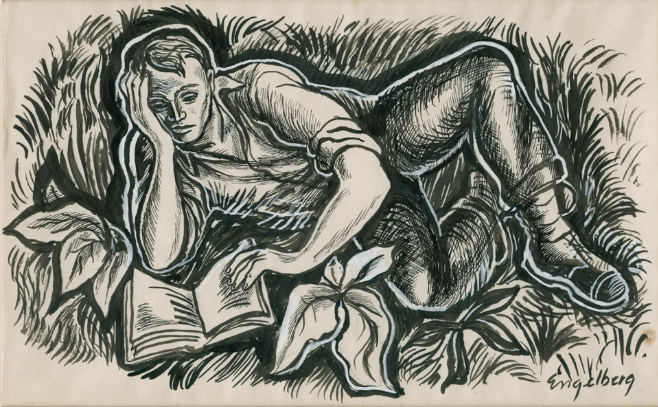 Reading in the Grass <br>1928 Ink & Gouache <br><br>#E027