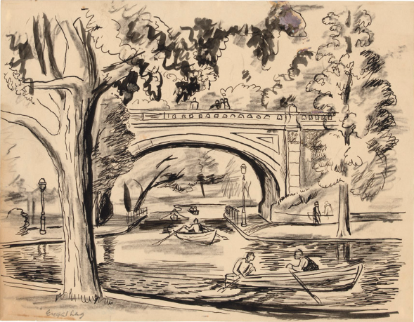 Central Park Row Boats <br>1930's Ink Drawing <br><br>#E102