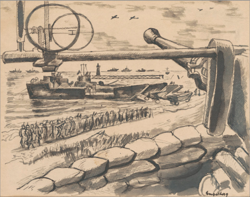 <I>Looking Towards the Beach From the Gun</I> <br>1943 Ink <br><br>#E077