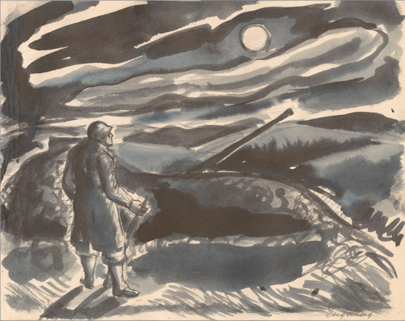 <I>Night Guard</I> <br>1940's Ink Wash <br><br>#E079