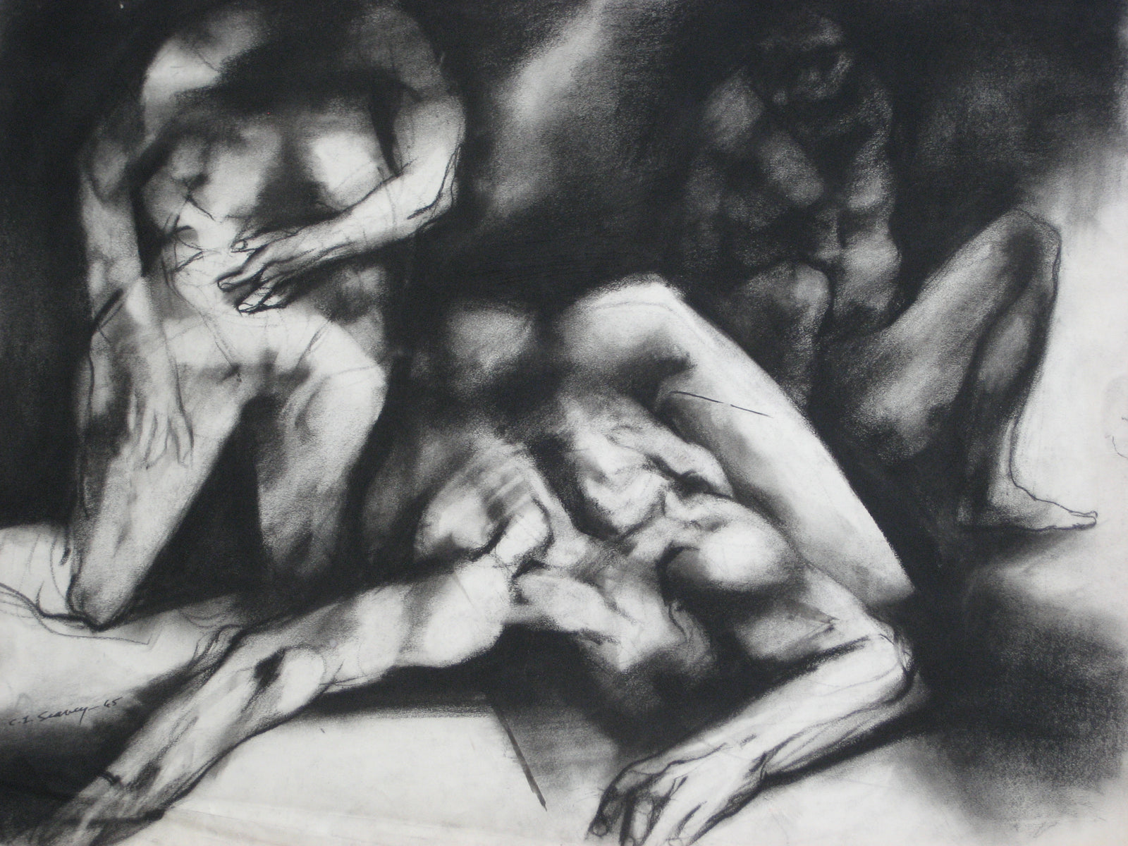 Monochromatic Expressionist Figures<br>Charcoal, 1960s<br><br>#0418