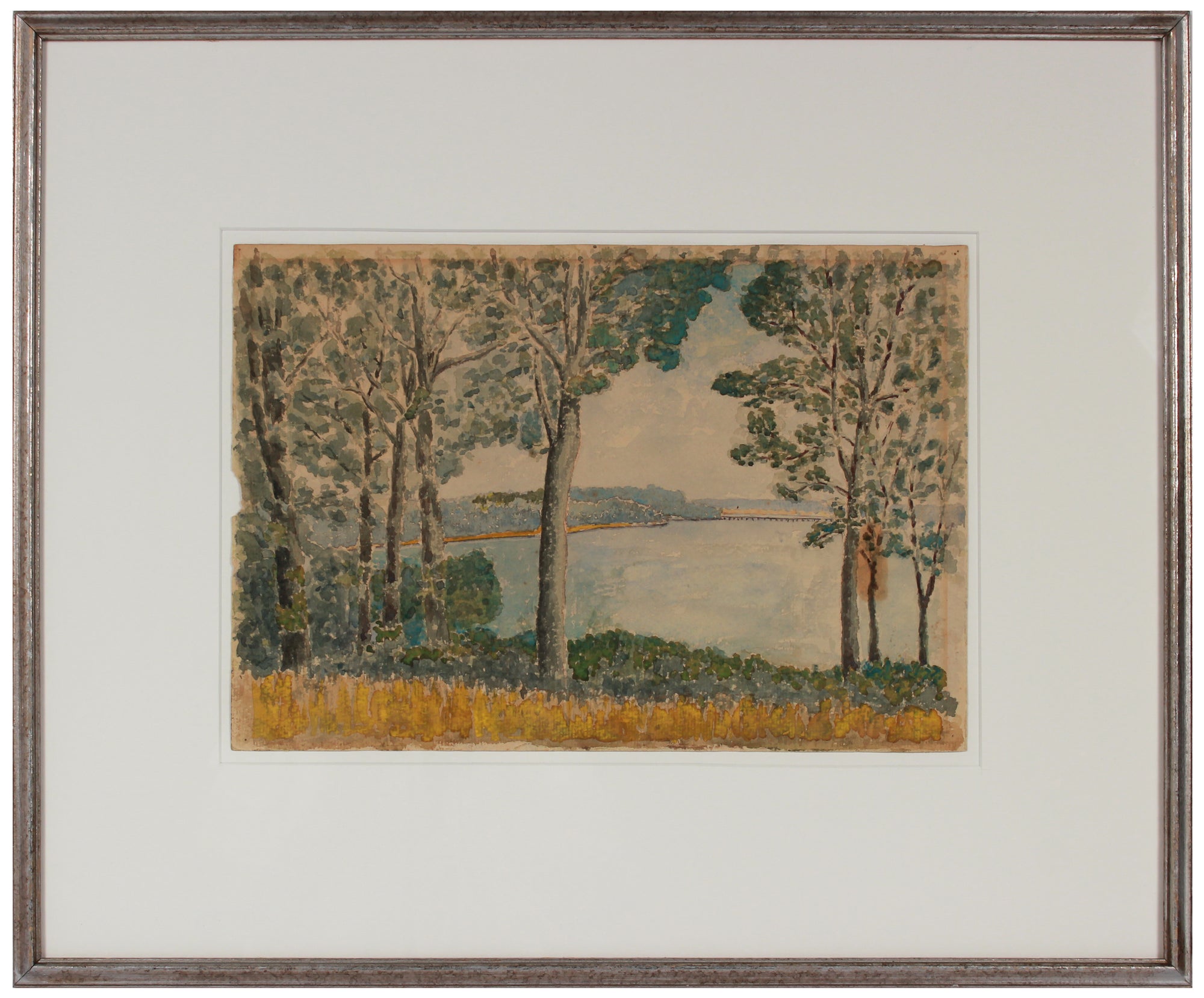 Serene Tree-Lined Lake Scene <br>Early 20th Century Watercolor <br><br>#1107