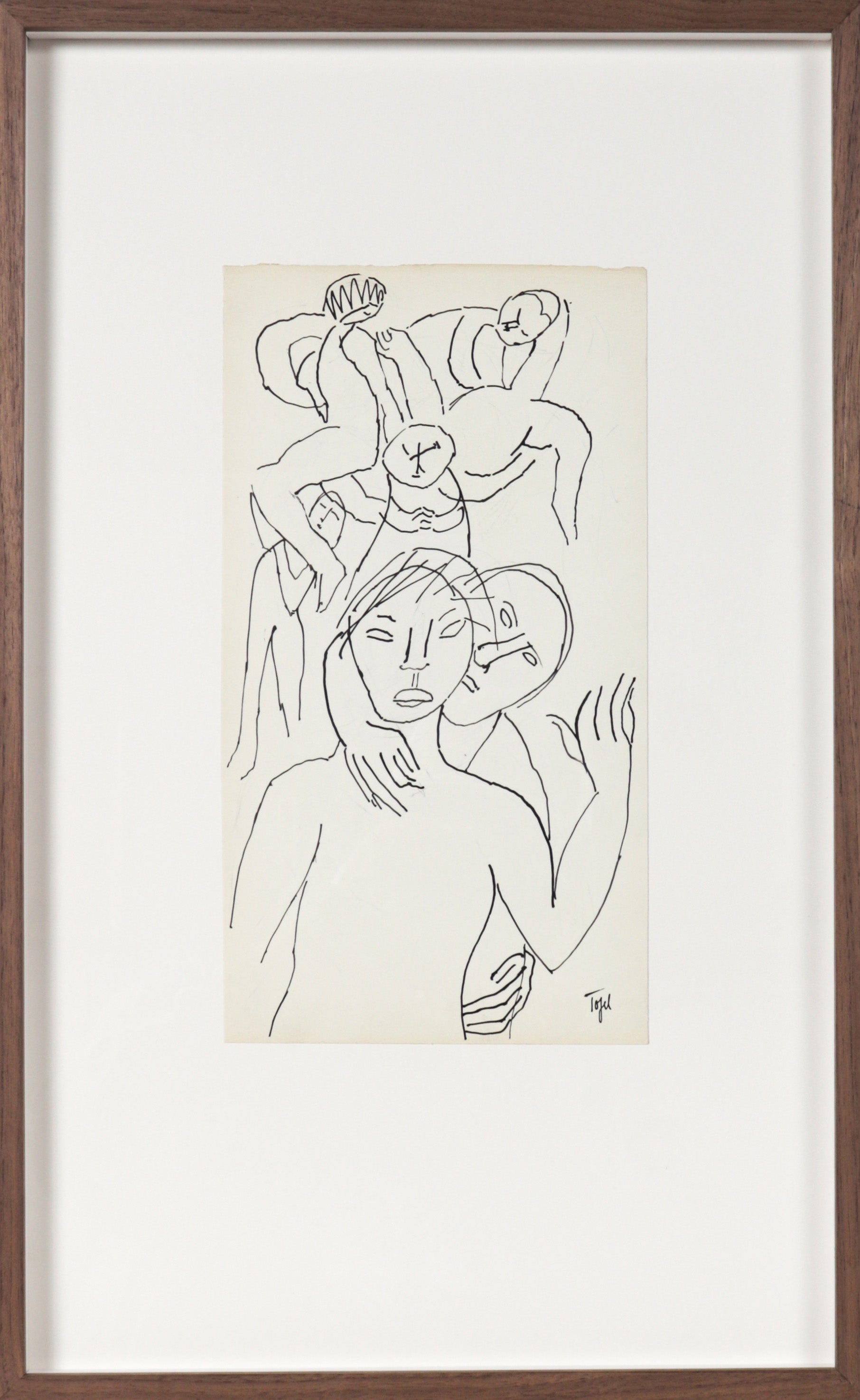 Linear Expressionist Figure Scene <br>20th C. Ink<br><br>#11238