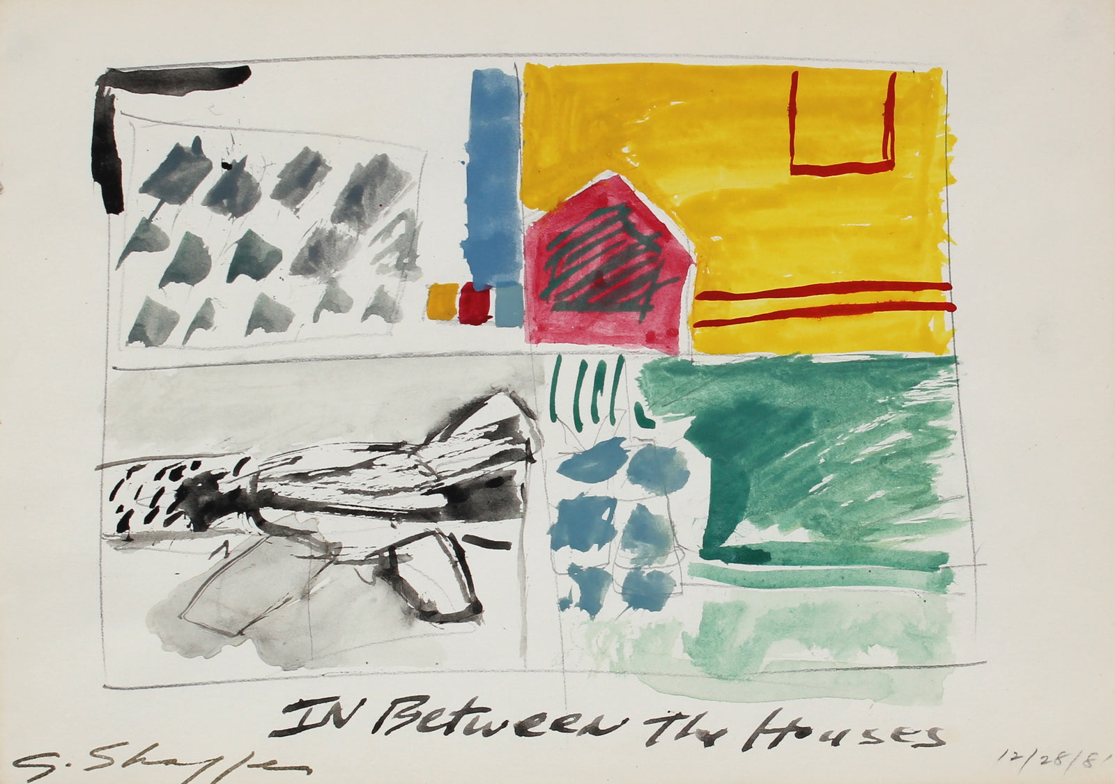 <i>In Between the Houses</i> <br>1981 Charcoal and Gouache <br><br>#11618