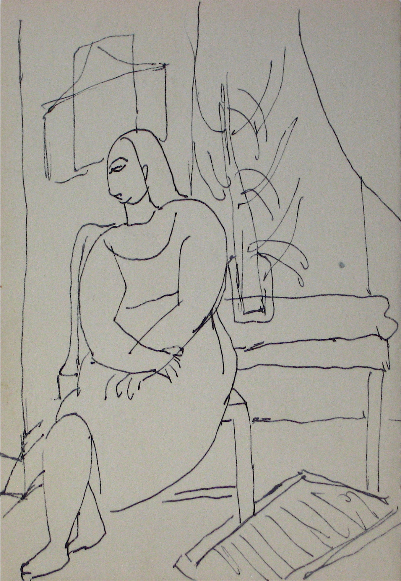 Minimal Ink Figure Scene <br>Early 20th Century <br><br>#12837