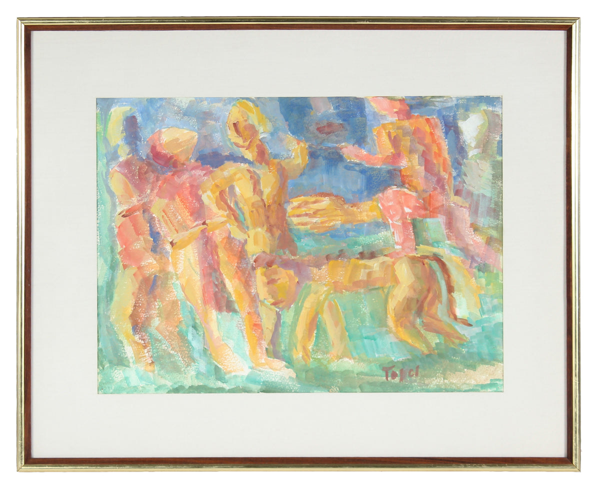Colorful Expressionist Dancing Figures with Lion &lt;br&gt;Early-Mid 20th Century Watercolor &lt;br&gt;&lt;br&gt;#13230