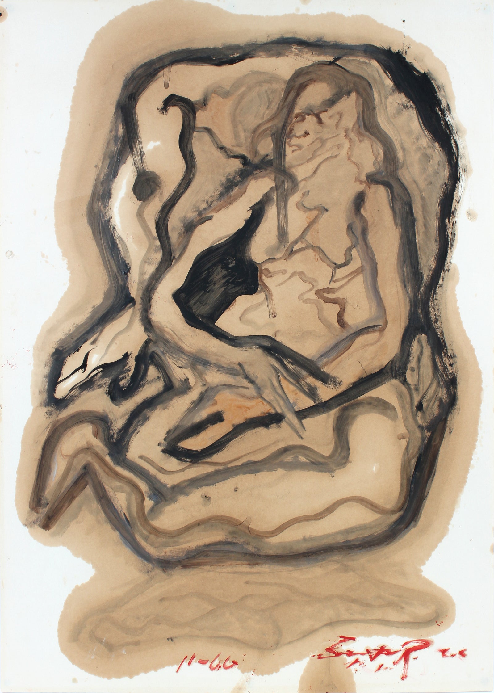Embracing Abstract Figures <br>1966 Oil on Paper <br><br>#14898