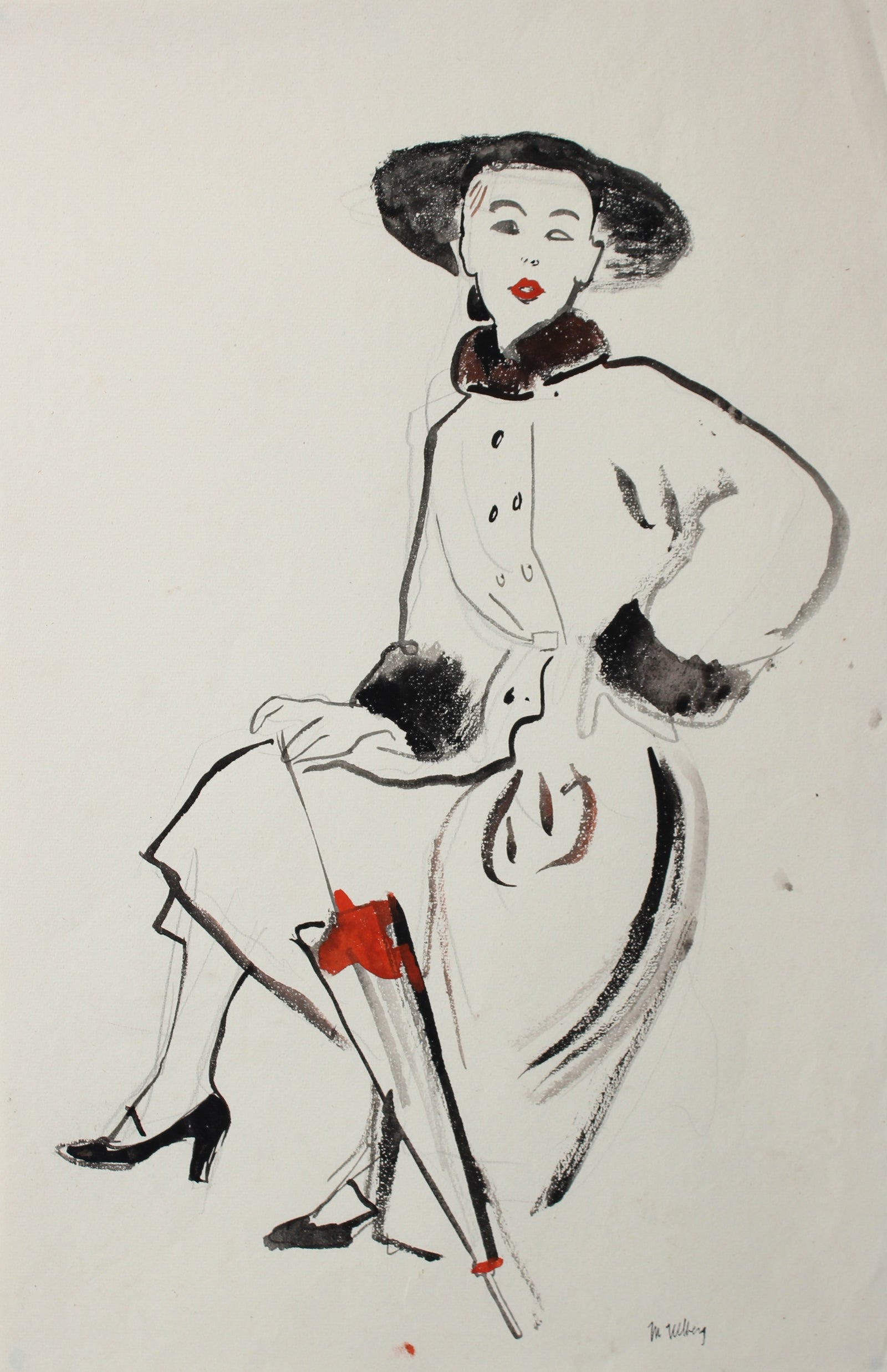 Woman with Umbrella<br>Mid Century Gouache<br><br>#18477