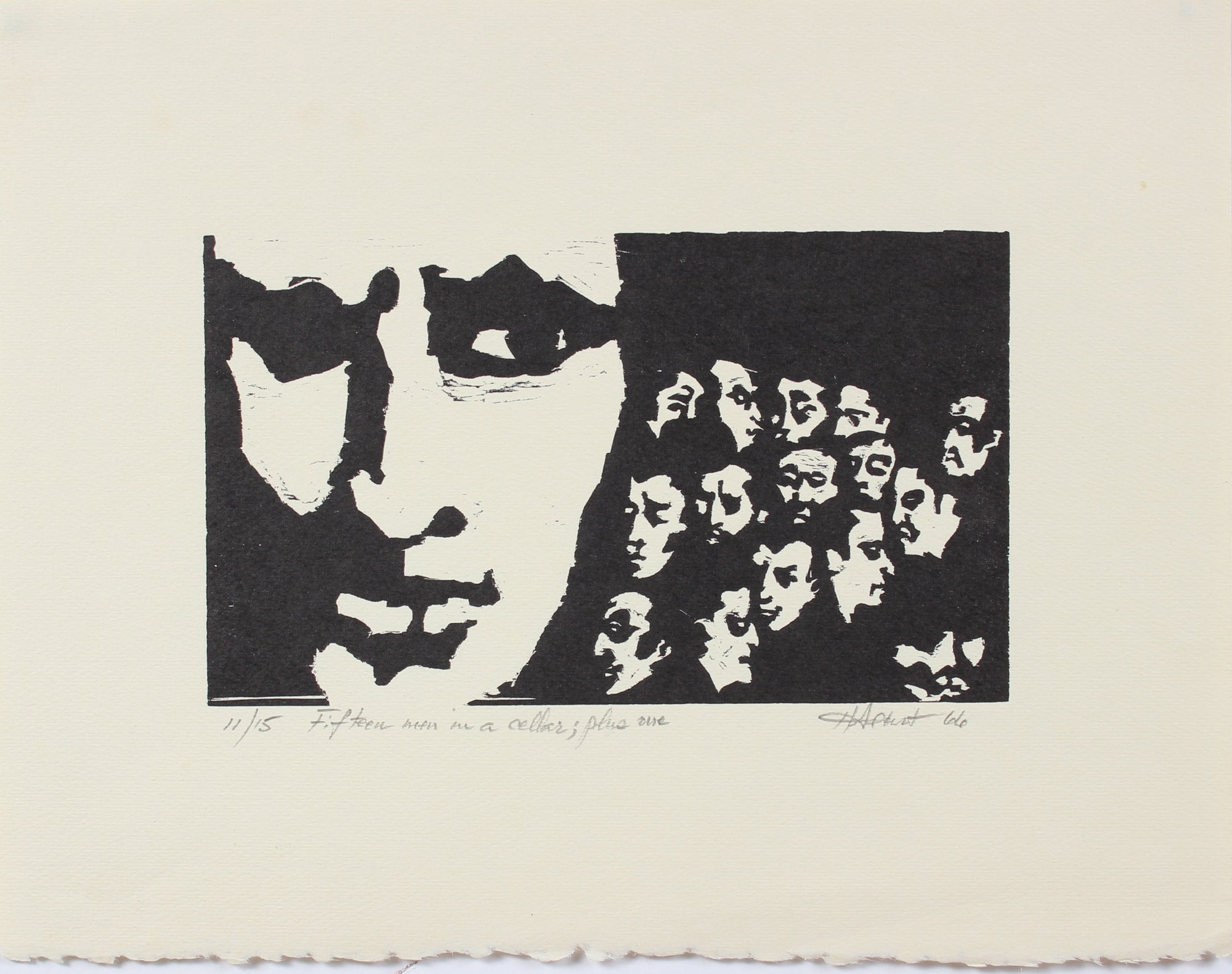 <i>Fifteen Men in a Cellar; Plus One</i><br>Woodcut, 1966<br><br>#2147A