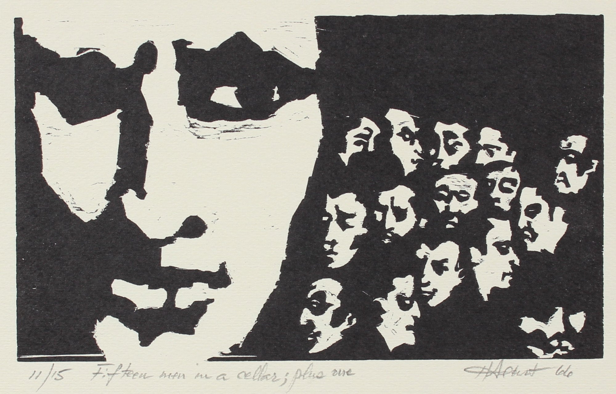 <i>Fifteen Men in a Cellar; Plus One</i><br>Woodcut, 1966<br><br>#2147A