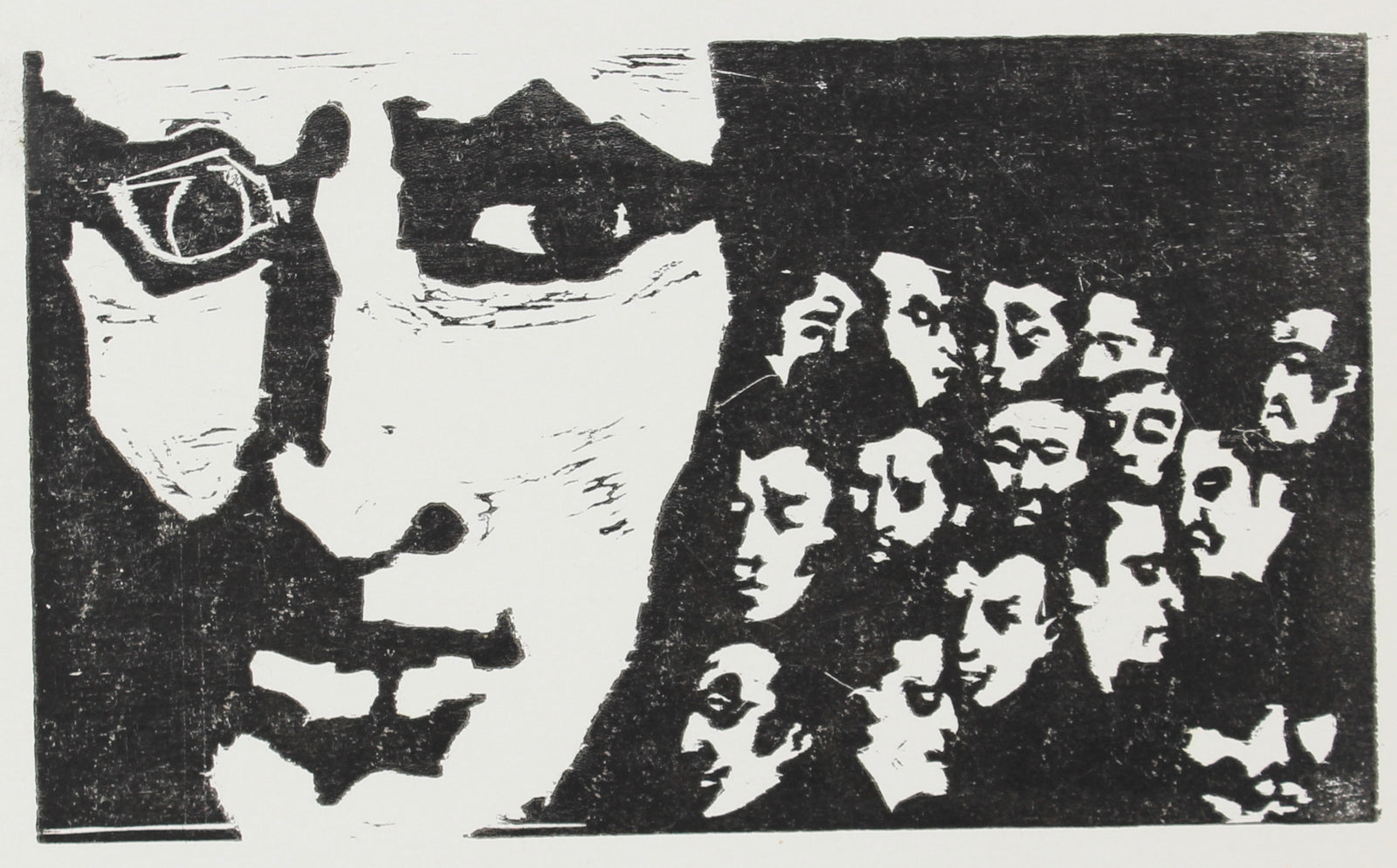 <i>Fifteen Men in a Cellar; Plus One</i><br>Woodcut, 1960s<br><br>#2147B