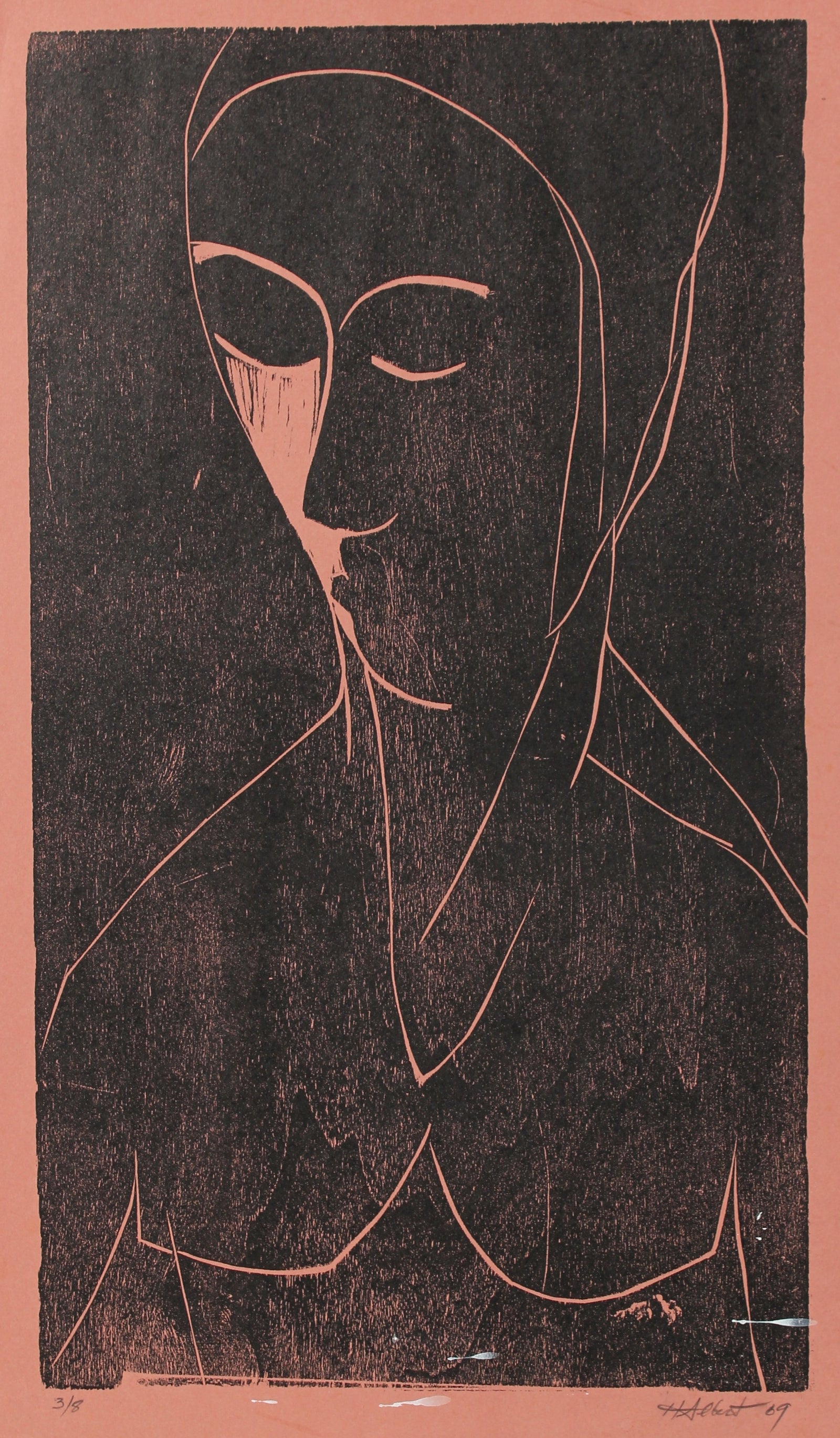 Abstracted Figure in Pink<br>1969 Woodcut<br><br>#2172