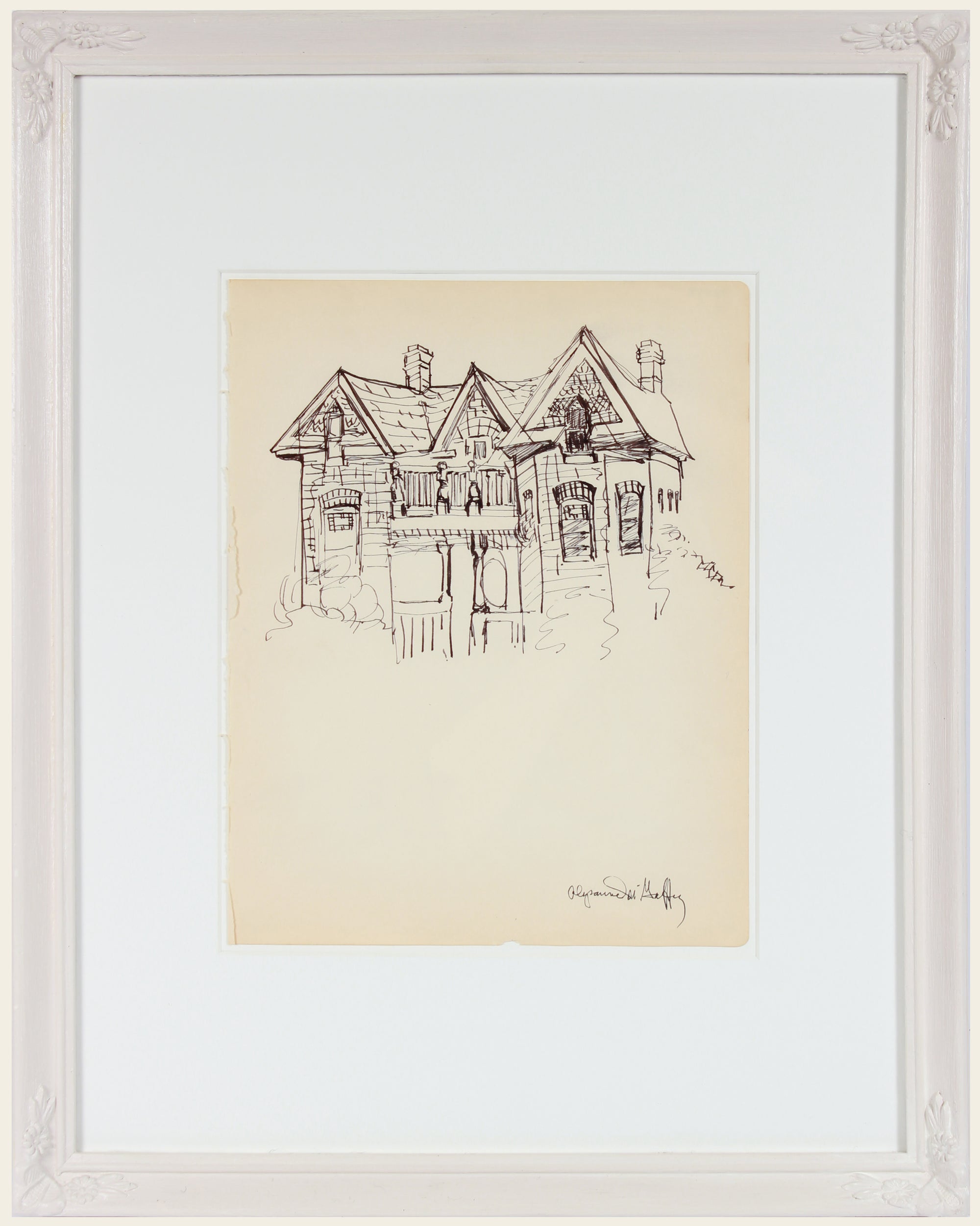 Vintage Victorian-Gothic House <br>1950-60s Ink Drawing <br><br>#22958