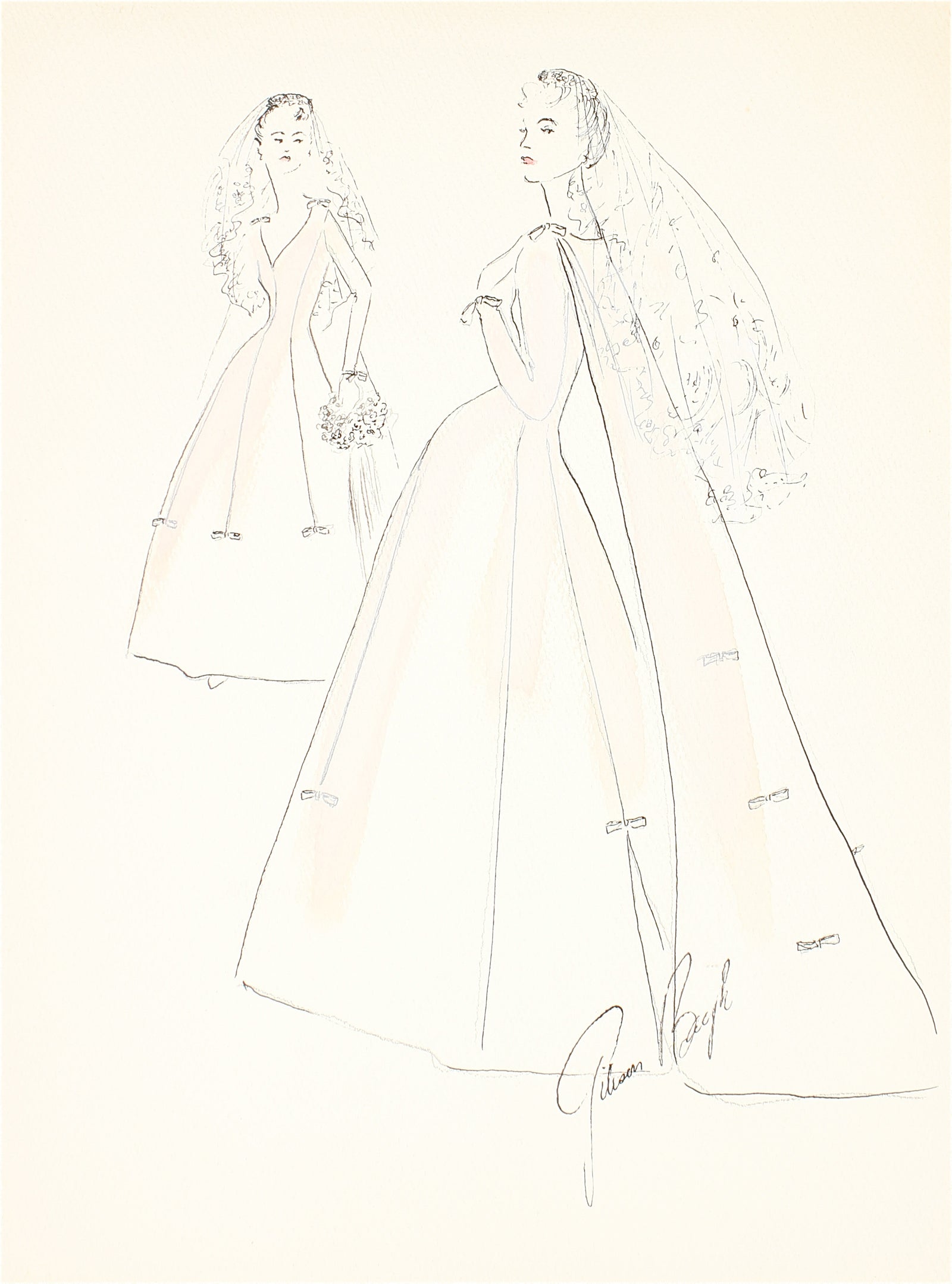Wedding Dress with A Train and Veil<br> Gouache & Ink Fashion Illustration<br><br>#26532