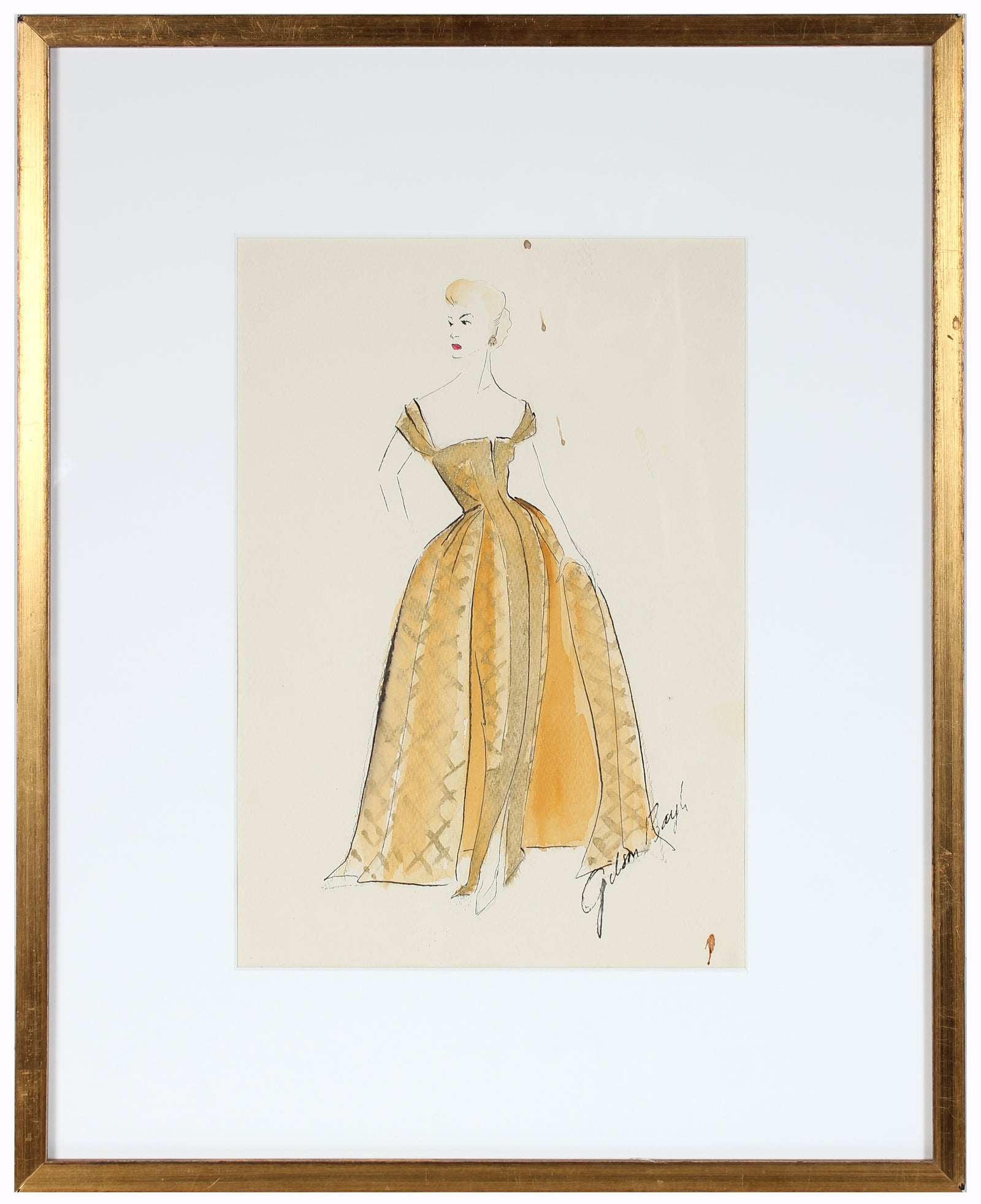 Crosshatched Golden Gown<br> Gouache & Ink Fashion Illustration<br><br>#26556