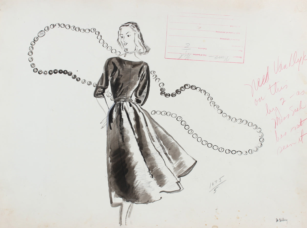Monochromatic Fashion Illustration with Strand of Pearls, 1946-54&lt;br&gt;&lt;br&gt;#27158
