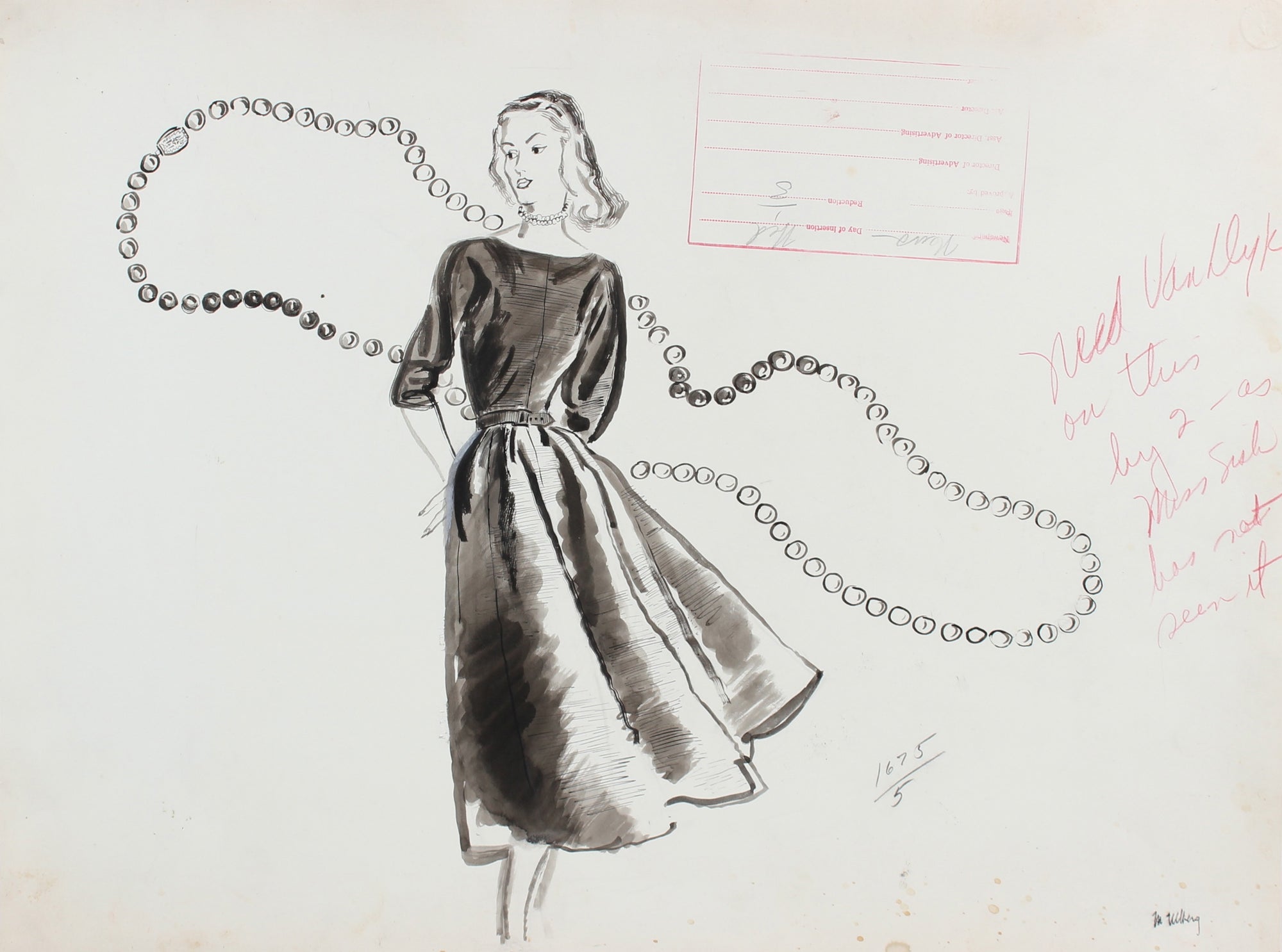 Monochromatic Fashion Illustration with Strand of Pearls, 1946-54<br><br>#27158