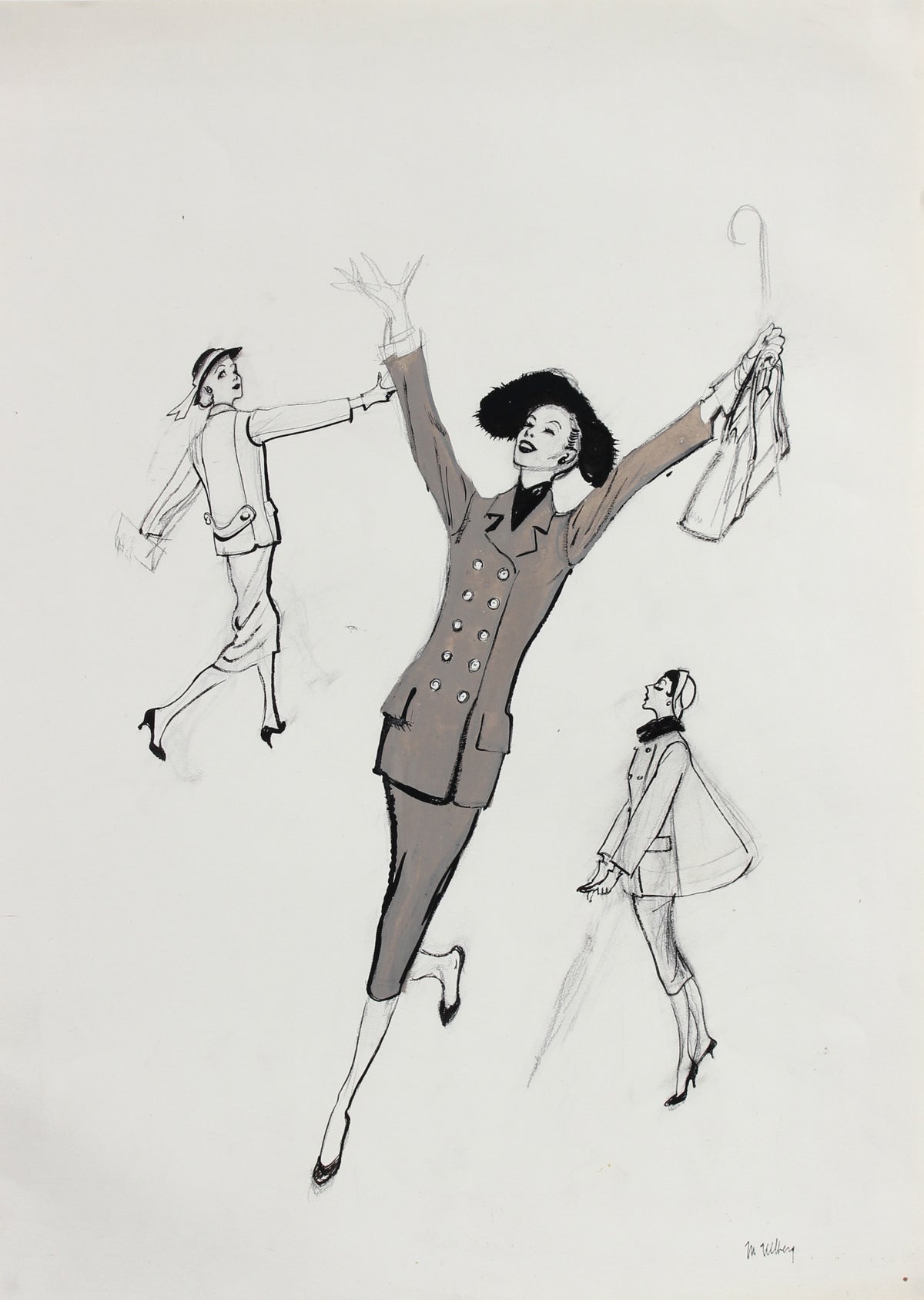 Joyful Monochromatic Fashion Illustration, 1946-54&lt;br&gt;&lt;br&gt;#27168
