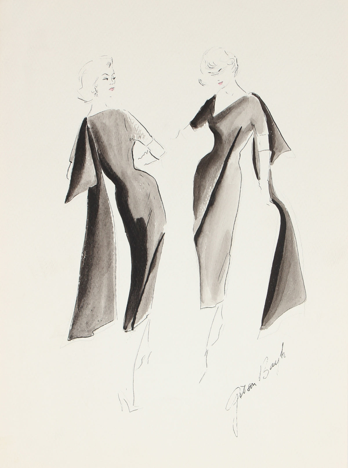 Sleek Formal Dress in Black&lt;br&gt; Gouache &amp; Ink Fashion Illustration&lt;br&gt;&lt;br&gt;#27248