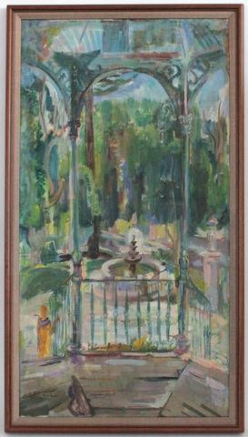 Idyllic Garden Scene<br>Mid Century Oil<br><br>#19067