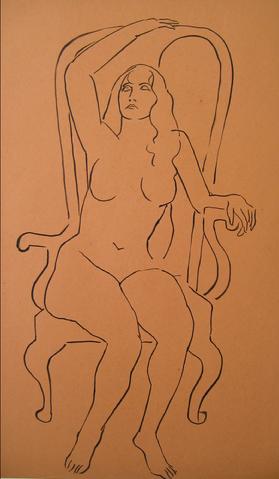 Nude in a Grand Chair <br>1930-50s Pen & Ink <br><br>#15973