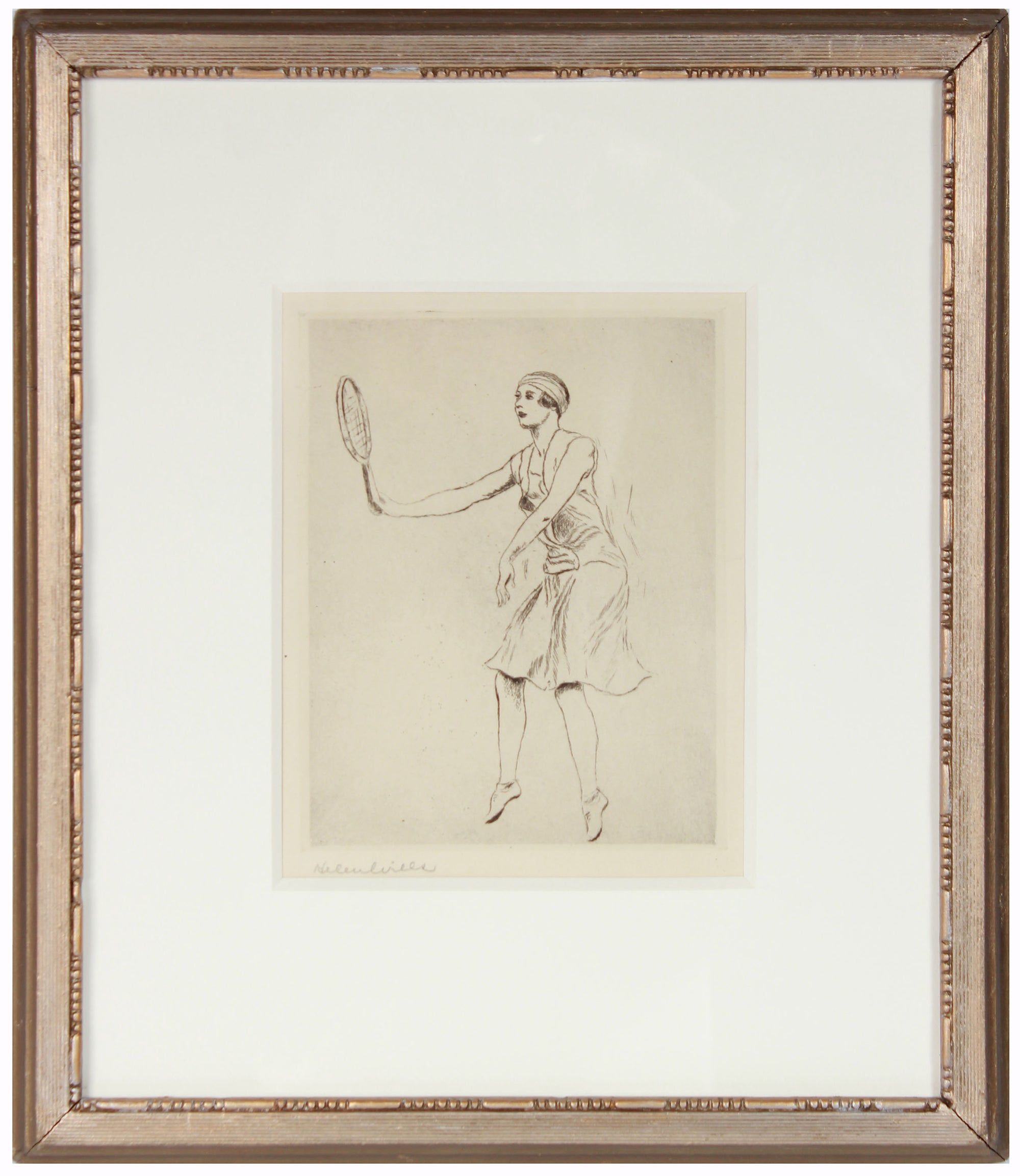 Female Tennis Player in Motion <br>1920-30s Etching <br><br>#28438