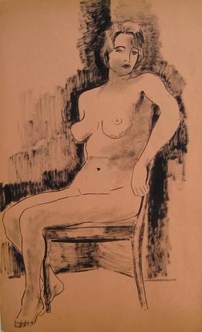 Coy Female Nude&lt;br&gt;Ink Wash 1930-50s&lt;br&gt;&lt;br&gt;#16052