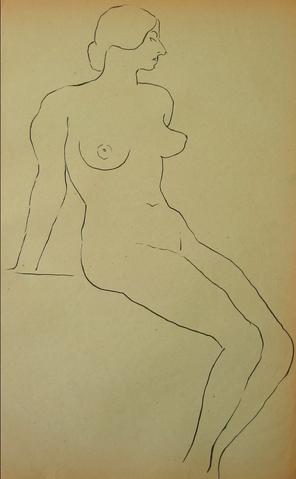 Minimalist Seated Nude<br>1930-50s Drawing<br><br>#15986